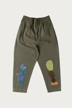 Chino High Waisted NIME Pants (CACTUS Embroidery) - Khaki