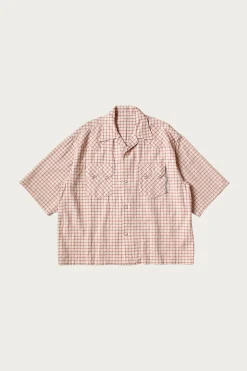 Cotton Linen Seersucker Check Open-Collar Western BIG Shirt - Red