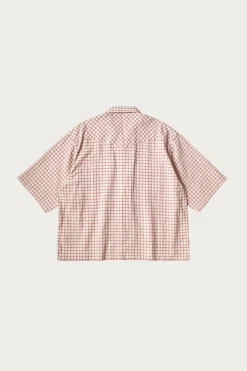 Cotton Linen Seersucker Check Open-Collar Western BIG Shirt - Red