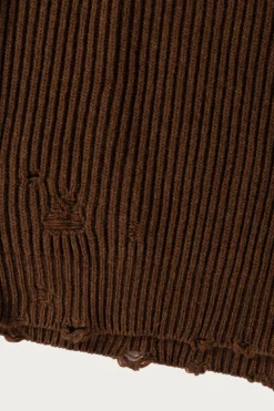Distressed V-Neck Sweater - Brown