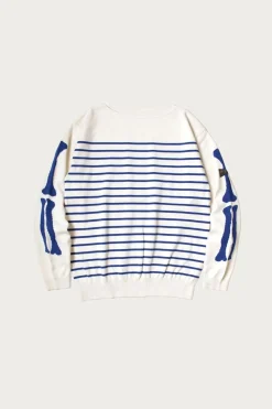 12G Panel Stripe Knit Boat-Neck Sweater (BONE Sleeve) - Navy Blue