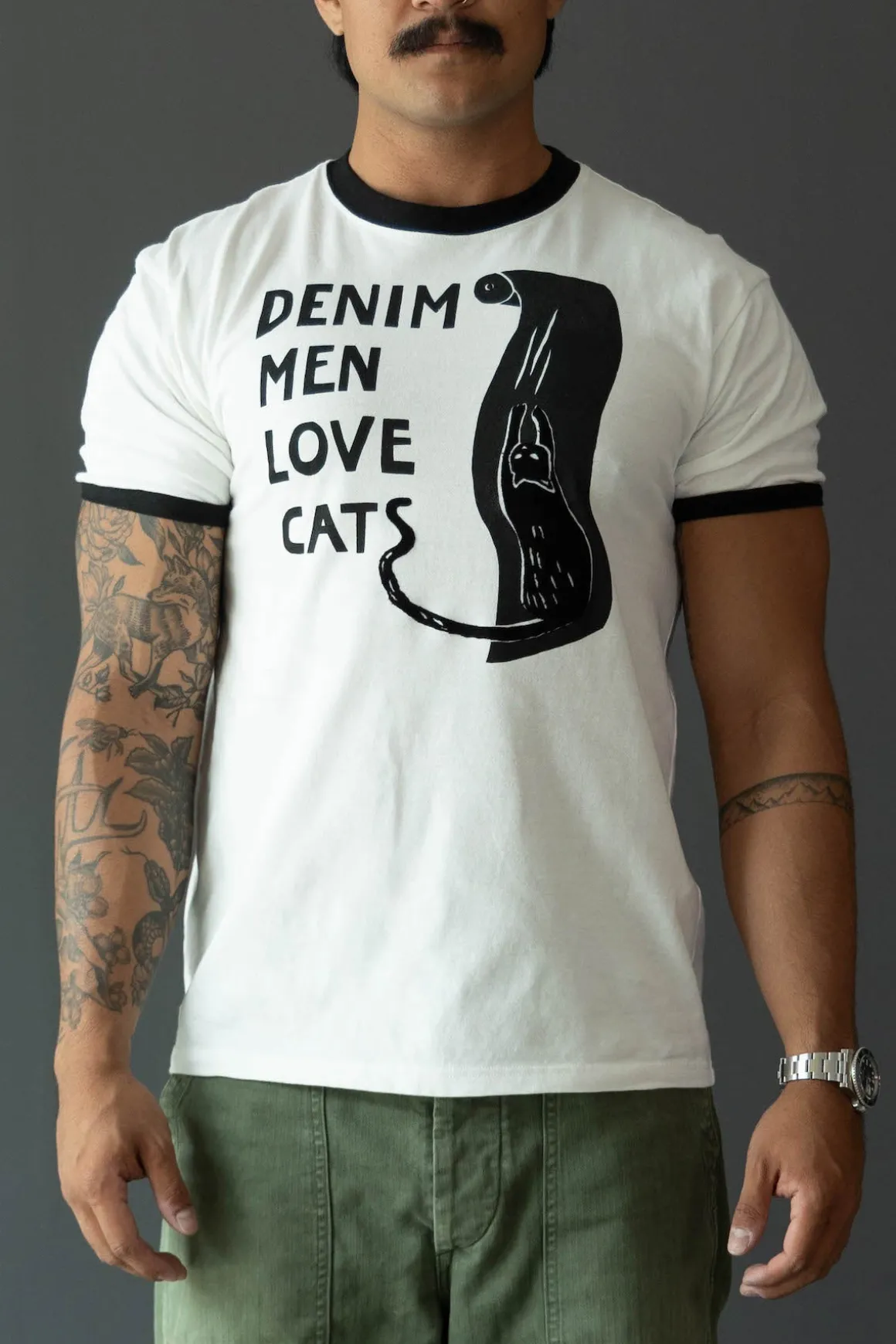 20/-Jersey Ringer T (DENIM MEN LOVE CATS SCRATCH) - White