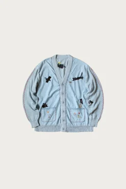Knit x Chambray Cardigan (Raven & Cat Embroidery) - Sax
