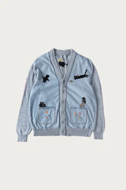 Knit x Chambray Cardigan (Raven & Cat Embroidery) - Sax