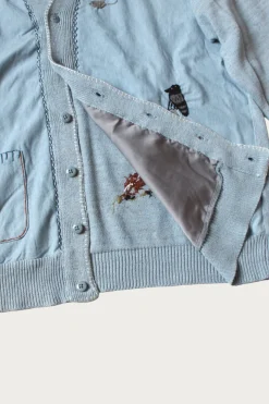 Knit x Chambray Cardigan (Raven & Cat Embroidery) - Sax