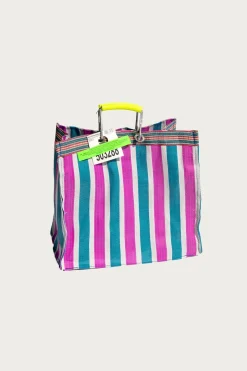 Recycled Plastic Stripe Bag Square - Green/Pink