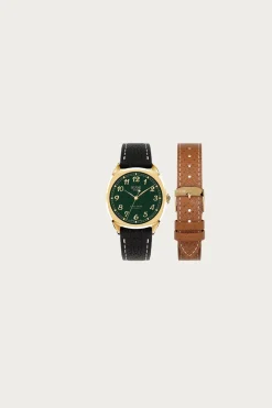 Royal Smith 90-008 - Green Dial/Gold Case/Black Pebbled Leather Strap + Extra Brown Strap