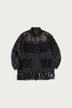 Stretch Nylon Fringed Coach JKT - Black